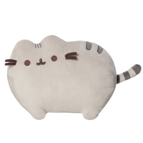 Kuscheltier in Form einer Katze, mit einem runden Körper, großen Augen und einem lächelnden Gesicht, in sanften Farben.