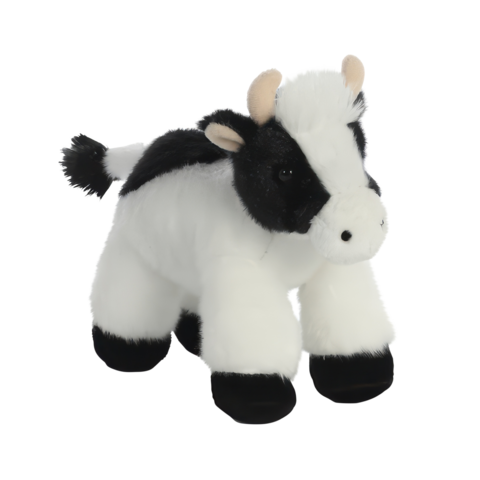 Plüschkuh mit schwarz-weißer Fellzeichnung, runden Körper und kleinen Hörnern, steht aufrecht mit einem freundlichen Gesichtsausdruck.