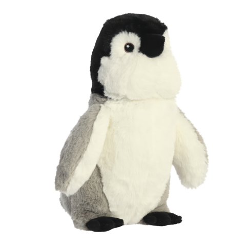 Plüschpinguin mit grauem und weißem Fell, stehend und mit einem charakteristischen schwarzen Kopf.