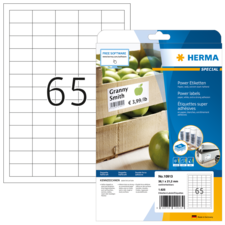 Ein Blatt mit Etiketten, das eine Verpackung mit Äpfeln zeigt, auf der ein Preis und der Name "Granny Smith" angegeben sind.