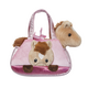 Rosa Handtasche mit einem Pferdemotiv und einem Plüschpferd, das aus der Tasche herausragt.