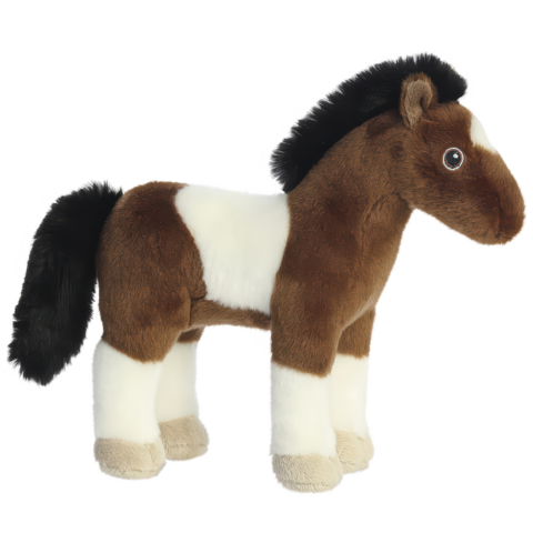 Plüschpferd mit braun-weißer Fellzeichnung und schwarzer Mähne, aufrecht stehend.