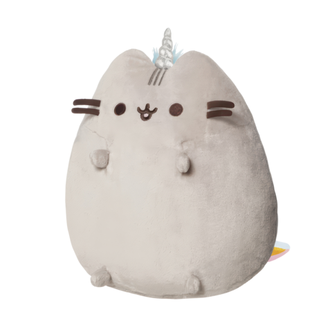 Kuscheliger, grauer Plüschcharakter mit einem Einhornhorn, großen Augen und einem lächelnden Gesicht.