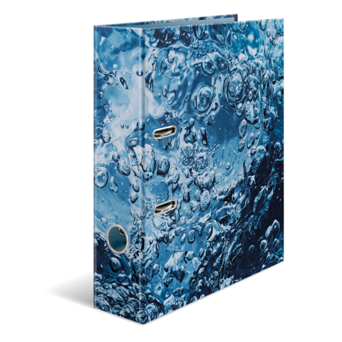 Ordner mit einem Design, das Wasserblasen und Wellen darstellt, in verschiedenen Blautönen.