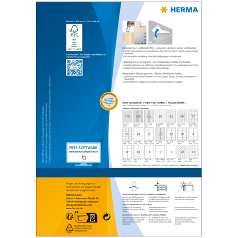 HERMA Produktinformation mit Details zu Etiketten, Software und Anwendungsbeispielen. Enthält QR-Code und Kontaktinformationen.