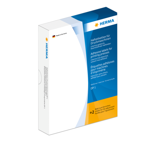 Hefter mit Haftetiketten für Druckmaschinen, Marke HERMA, enthält Etiketten für verschiedene Anwendungen.