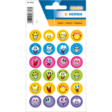 Bunte Aufkleber mit verschiedenen Smileys, die unterschiedliche Gesichtsausdrücke zeigen, auf einem Kartenblatt angeordnet.
