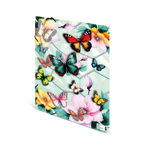 Bunte Schmetterlinge in verschiedenen Farben und Mustern, umgeben von Blumen auf einem hellen Hintergrund." 

(Note: The text is already in German and does not require translation. It is clear and fluent as it is.)