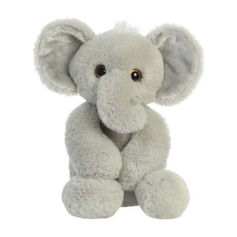 Grauer Plüschelefant mit großen Ohren und runden Augen, sitzt aufrecht und hat eine weiche, kuschelige Textur.