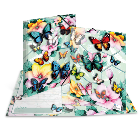 Bunte Schmetterlinge und Blumen auf dem Cover eines geöffneten Notizbuchs.