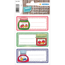 Haushaltsetiketten mit verschiedenen Designs für Marmeladengläser in Rot, Grün und Blau, jeweils mit Platz für Beschriftungen.