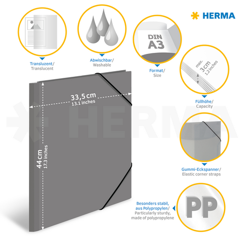 Transparente DIN A3 Mappe aus Polypropylen, abwischbar, mit Gummiecken und einer Kapazität für 30 Blatt. Maße: 33,5 cm x 44 cm.