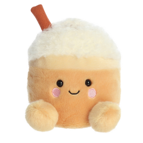 Kuscheliges Plüschtier in Form eines Getränks mit einem braunen Becher, Sahnehaube und einem Strohhalm. Freundliches Gesicht mit rosa Wangen.