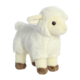 Plüschschaf mit weißem Fell, braunen Pfoten und großen, runden Augen. Steht aufrecht und hat eine niedliche, freundliche Ausstrahlung.