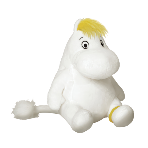 Ein weißes, plüschiges Mumin-Tier mit gelber Mähne und großen Augen sitzt aufrecht. Es hat einen runden Körper und einen kleinen Schwanz.
