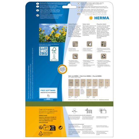 Rückseite einer Verpackung mit Anweisungen zur Verwendung von HERMA Etiketten, einschließlich QR-Code und Softwarehinweisen.