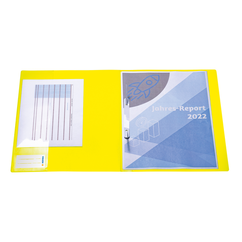 Helle, gelbe Mappe mit einem Jahresbericht 2022 auf dem Cover, das ein grafisches Design zeigt.
