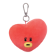 Rotes Herz-Kuscheltier mit einem Schlüsselanhänger, das ein Gesicht mit neutralem Ausdruck zeigt.
