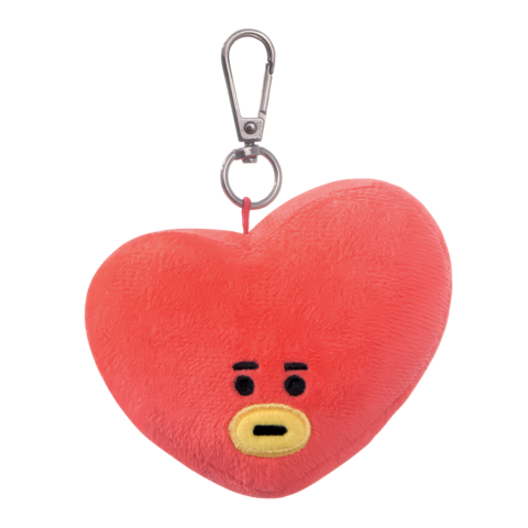 Rotes Herz-Kuscheltier mit einem Schlüsselanhänger, das ein Gesicht mit neutralem Ausdruck zeigt.