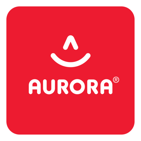 Das Logo von Aurora zeigt ein lächelndes Gesicht auf rotem Hintergrund, begleitet von dem Schriftzug 'AURORA' in weißer Schrift.