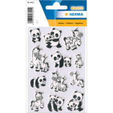 Tieraufkleber mit Pandas, Zebras und Giraffen in Schwarz-Weiß. Enthält verschiedene Designs von Tieren in verschiedenen Posen.