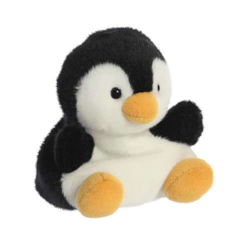 Plüsch-Pinguin mit schwarzem und weißem Fell sowie orangefarbenem Schnabel und Füßen, sitzt aufrecht."
(Note: The text is already in German and does not require translation. It is clear and fluent as is.)
