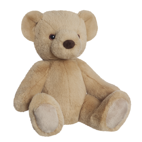 Beiger Plüschbär mit runden Ohren und braunen Augen, sitzt aufrecht mit ausgestreckten Beinen.