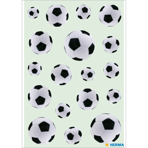 Eine Vielzahl von Fußballen in unterschiedlichen Größen auf einem hellgrünen Hintergrund.