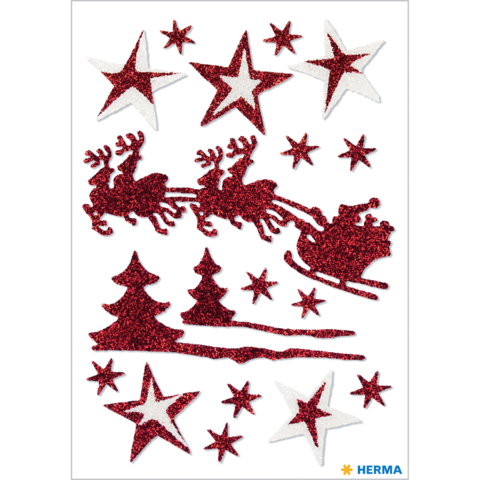 Rote und weiße glitzernde Weihnachtssterne, Rentiere und ein Schlitten mit Santa, umgeben von verschiedenen Formen von Sternen.