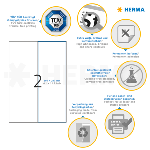 TÜV SÜD bestätigt störungsfreies Drucken. Enthält Informationen zu Haftfähigkeit, Recycling und Eignung für Laser- und Inkjetdrucker.