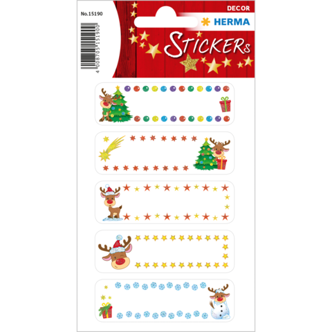 Weihnachtliche Aufkleber mit Motiven wie Weihnachtsbäumen, Rentieren, Geschenken und Schneemännern in bunten Farben.