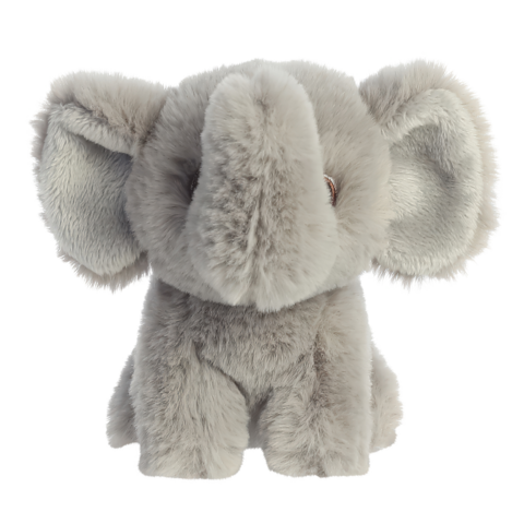 Graues Plüschelefant mit großen Ohren und einem runden Körper, sitzt aufrecht und schaut direkt nach vorne.