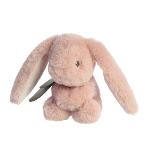 Ein weiches, rosa Plüschkaninchen mit langen Ohren und einem kleinen Anhänger.