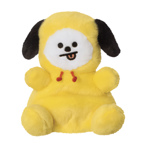 Ein gelbes Plüschspielzeug in Form eines Hundes mit einem weißen Gesicht, schwarzen Ohren und einem lächelnden Ausdruck.