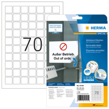 Packung mit ablösbaren Etiketten von Herma, inklusive einer Vorlage für die Nummer 70 und dem Hinweis „Außer Betrieb“.