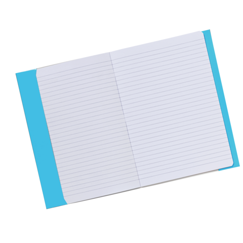 Ein offenes Notizbuch mit linierten Seiten und einem blauen Umschlag.