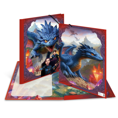 Ein aufgeschlagenes Buch mit fantastischen Illustrationen von blauen Drachen und Figuren in einer zauberhaften Landschaft.