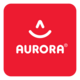 Logo von Aurora auf rotem Hintergrund, bestehend aus einem lächelnden Symbol und dem Schriftzug 'AURORA' in weißer Schrift." 

(Note: The text is already in German and does not require any changes for clarity or fluency.)