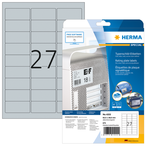 Typenschild-Etiketten auf einem Bogen mit der Nummer 27, verpackt von HERMA, inklusive Softwarehinweis für die Erstellung von Etiketten.