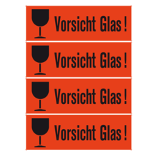 Vier orangefarbene Warnschilder mit dem Text "Vorsicht Glas!" und einem Symbol eines Weinglases.