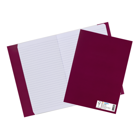 Rote Mappe mit einem leeren, linierten Notizblock darin. Die Mappe hat eine glatte Oberfläche und eine Etikette auf der Rückseite.