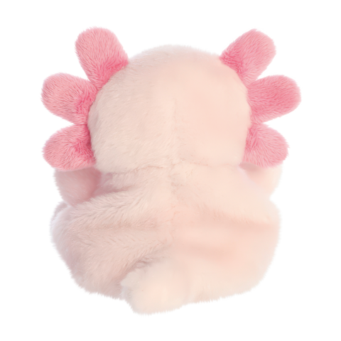 Rückansicht eines rosa Plüschtiers mit runden, rosa Ohren und einem kuscheligen Körper.
