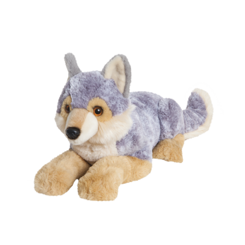 Plüschwolf in liegender Position, mit grauem und beigem Fell, großen Ohren und einem freundlichen Gesichtsausdruck.