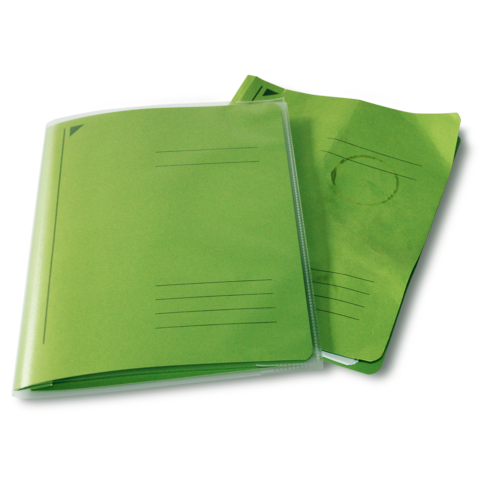 Zwei grüne Ordner, einer mit Klarsichtfolie und der andere offen, zeigen leere Linien für Beschriftungen.