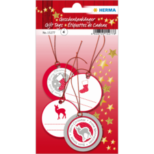 Geschenkanhänger in rot und weiß mit Weihnachtsmotiven, darunter ein Stiefel und ein Rentier, auf einer Karte präsentiert.