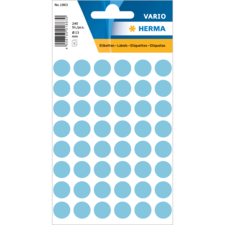 Blaues Etikettenblatt mit 240 runden Aufklebern, Durchmesser 13 mm, verpackt in einer transparenten Hülle.