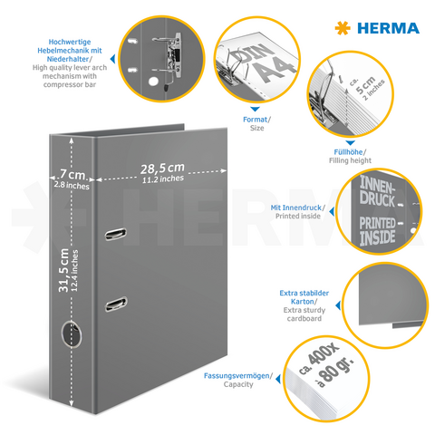 Grauer Ordner mit hochwertigem Hebelmechanismus, A4-Größe, 7 cm Rückenbreite, Platz für 400 Blätter, zusätzlich mit Kartonverstärkung.