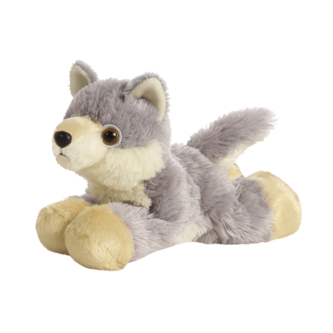 Plüschwolf mit grauem Fell, großen Augen und einem freundlichen Ausdruck, in einer liegenden Position.