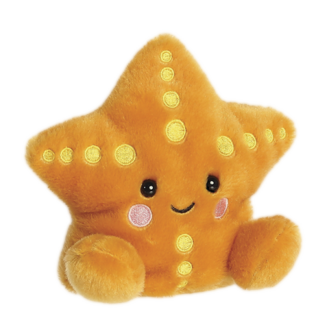 Ein orangefarbener, plüschiger Seestern mit gelben Punkten und einem lächelnden Gesicht.