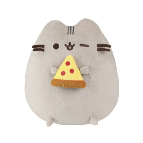 Kuscheltier in Form einer Katze, die ein Stück Pizza hält. Das Tier hat graues Fell und einen lächelnden Gesichtsausdruck.